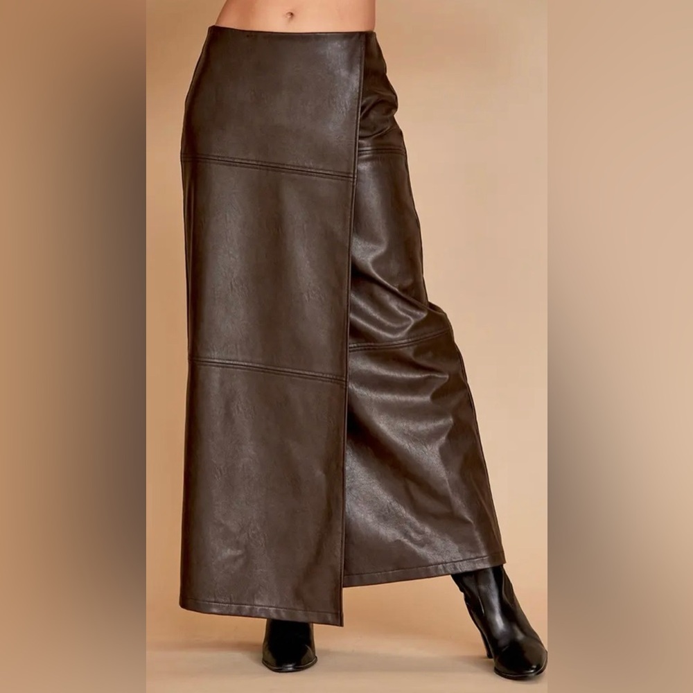 Faux Leather Maxi Shirt Brown Crescent New Wrap Front‎ NWOT women's XL